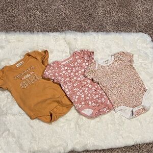 4-Pack Baby Girl One-Piece Bodysuits - Mustard, Dusty Rose, Floral, 1 Sleeper